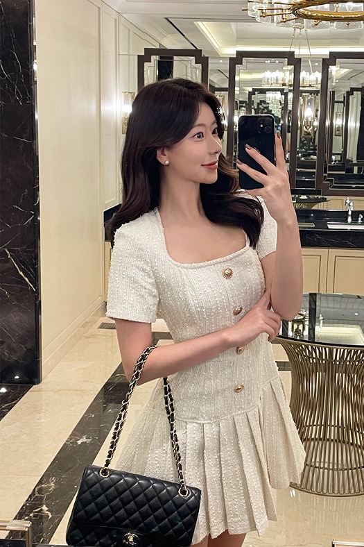 (Import) Label and Square Neck Pleated Dress